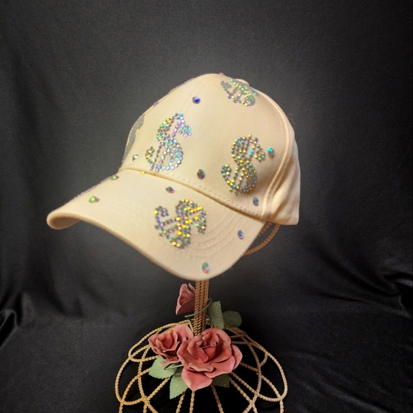Aroura Borealis Rhinestone Dollar Sign Beige Baseball Cap - Picture 3 of 14